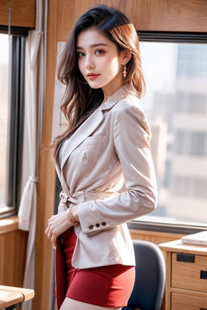 A beautiful girl standing in her office cabin bright red bracelet, wearing office skirt suit, business white shirt, trench coats, a beautiful Portuguese girl, symmetrical face with flirty gaze and soft smile, a small earrings, by John Gilbert,sharpened,,hourglass body shape,in a office suit