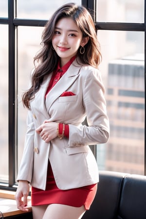 A beautiful girl standing in her office cabin bright red bracelet, wearing office skirt suit, business white shirt,shirt color is white, trench coats, a beautiful korean girl, symmetrical face with flirty gaze and soft smile, a small earrings,hourglass body shape,in a office suit