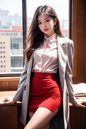 A beautiful girl standing in her office cabin bright red bracelet, wearing office skirt suit, business white shirt,shirt color is white, trench coats, a beautiful korean girl, symmetrical face with flirty gaze and soft smile, a small earrings,hourglass body shape,in a office suit