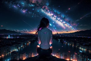  Rear view,space sky, milky way, anime style, Night view of the city from the mountainside,pastelbg,firefliesfireflies