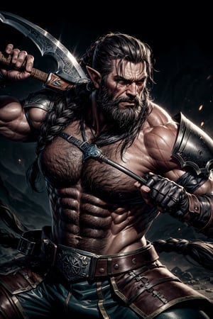 a warrior of the orc race from the video game world of warcraft, super muscular, green complexion with dark tones,no hair on his head and a thick beard tied up in a black braid, in combat stance, holding a battle axe, detailed background, light from front, (full bidy porrtrait)