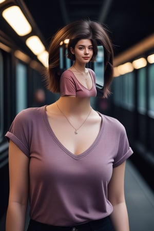 instagram photo, portrait photo of 23 y.o Chloe in merun color T shirt and black denim, pale skin, (smile:0.4), cozy, natural skin, soft lighting, (cinematic, film grain:1.1),black short hair upto shoulder , necklace and ear ring, standing inside a train,style pose blur background with bokeh , dark black vintage effect on background, dark background, chubby girl, blurry dark background, big size breast, big boob, no cleavage visible, chubby girl, fat girl, merun color top,<lora:659095807385103906:1.0>