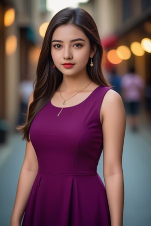 instagram photo, portrait photo of 23 y.o Chloe in red A line dress, pale skin, (smile:0.4), cozy, natural skin, hard lighting, (cinematic, film grain:1.1),black long hair  , necklace and ear ring, standing full body visible ,style pose blur background with bokeh , dark black vintage effect on background, dark background, chubby girl, blurry dark background, no cleavage visible,mediugirl, cute girl, violet color T shirt ,colorful vibrant light background ,Enhanced All, A line dress , no smile, stylish pose, full portrait ,LinkGirl,comic book, full body portrait, stylish ear ring, the dress covering the cleavage, dress covering upto neck, chubby girl, street photography , Indian beauty, style pose,<lora:659095807385103906:1.0>