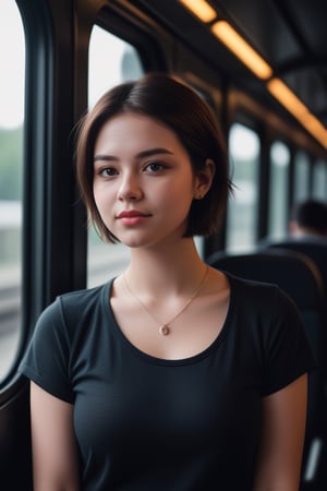 instagram photo, portrait photo of 23 y.o Chloe in merun color T shirt and black denim, pale skin, (smile:0.4), cozy, natural skin, soft lighting, (cinematic, film grain:1.1),black short hair upto shoulder , necklace and ear ring, standing inside a train,style pose blur background with bokeh , dark black vintage effect on background, dark background, chubby girl, blurry dark background, big size breast, big boob, no cleavage visible, chubby girl, fat girl, merun color top,<lora:659095807385103906:1.0>