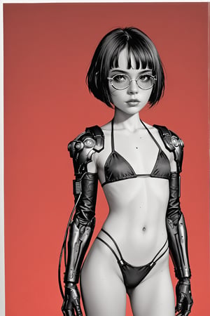 Ink art, Comic style art, Black and white portrait, Grayscale shadows, Outline drawing, Full body portrait, Focus on torso, Full body portrait, Young cyberpunk girl, Short bob hair, Serious look, Half-open eyes, Dark circles, Full lips, Two tone cyberpunk manga style, Grayscale, Girl wears a futuristic bikini, Shoulder pads, Futuristic gauntlet with a console and keyboard on the glove, Cables, Futuristic glasses, Belly button, Red gradient background,