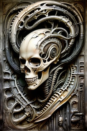 symmetrical and frontal portrait of a skull, front and semi-symmetrical, Focus on a human skull, A portrait of a skull, moebius style illustration, human skull as a trophy hanging on a wall, aesthetic, score_9, score_8_up, score_7_up, lPortrait, Only part of the skull, A biomechanical human skull in the style of H.R. Giger, skull attached to cyberpunk biomechanical machine, skull embedded in a biomechanical machine, suspended and welded to a biomechanical wall, characteristic of H.R. Giger, its shape is a hypnotic fusion of a biomechanical human skull of a human being in the style of H.R. giger, an ominously intricate machine, parts of the crane subtly morph into cold yet complex metallic contours, dark environment with fog, Human skull subtly attached and fused to the biomechanical environment, biomechanical pipes, water vapor and fog surround her, horror atmosphere, slimy slime drips from her body, alien style 1979 legendofnerd style, simple BREAK background, diagonal abstract structure on the background. add text as artist signature "Drauka" color pencil, sketch, painting, paper texture, art_solyanka, SKP-highly detailed, SamYoung_Illustration