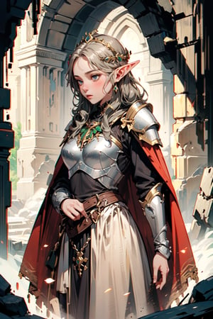 1 girls, immatsuri | immiu | imchika | magnet (high definition) 1 Girl, alone, elf girl in armor, elven girl, elf, armor, and medieval clothing, a crown in the cave, cape, ancient Greek ruins,MECHA
