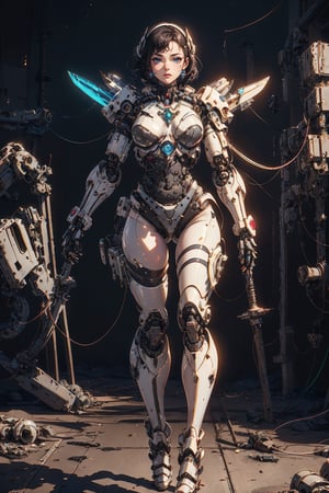 (masterpiece,best quality,high quality:1.2), cyberpunk cyborg, knight lady,  white armor,  post apocalyptic world, white sworld, black hair, eimi fukada face, 
futuristic big sword on the back, full body, many robots destroyed, dark world,cbpkv5