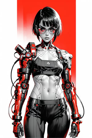 Ink art, Comic style art, Black and white portrait, Grayscale shadows, Outline drawing, Full body portrait, Focus on torso, Full body portrait, Young cyberpunk girl, Short bob hair, Serious look, Half-open eyes, Dark circles, Full lips, Two tone cyberpunk manga style, Grayscale, Girl wears a futuristic bikini, Shoulder pads, Futuristic gauntlet with a console and keyboard on the glove, Cables, Futuristic glasses, Belly button, Red gradient background,