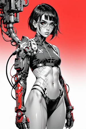 Ink art, Comic style art, Black and white portrait, Grayscale shadows, Outline drawing, Full body portrait, Focus on torso, Full body portrait, Young cyberpunk girl, Short bob hair, Serious look, Half-open eyes, Dark circles, Full lips, Two tone cyberpunk manga style, Grayscale, Girl wears a futuristic bikini, Shoulder pads, Futuristic gauntlet with a console and keyboard on the glove, Cables, Futuristic glasses, Belly button, Red gradient background,