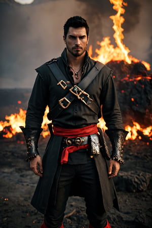 bdo_warrior, scene from movie, 1man, full body, front view, looking at viewer, short black hair, facial hair, red eyes, pirate outfit, fire and lava in background, sophisticated details, sharp focus, masterpiece, perfect anatomy, handsome face, best quality