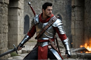 bdo_warrior, scene from movie, 1man, full body, front view, stab forward with greatsword, sparks around the greatsword, short black hair, facial hair, red eyes, Trailblazer outfit, brown armor, belt over chest, metal gauntlet and leather glove, background of castle ruins, blood on armor, sophisticated details, sharp focus, masterpiece, perfect anatomy, perfect face, detailed face, handsome face, perfect hands, best quality, 8k