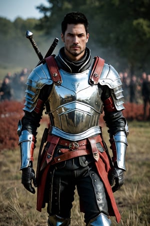bdo_warrior, scene from movie, 1man, full body, front view, looking at viewer, short black hair, facial hair, red eyes, leather armor, leather gloves, leather boots, background of battlefield, sophisticated details, sharp focus,