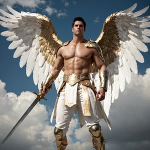 bdo_warrior, scene from movie, 1man, full body, front view, holding sword with both hands, holding sword towards the sky, white angel wings, golden shoulder armor and gauntlets, white pants, golden sandals, bare chest, background of heavenly clouds, sophisticated details, sharp focus, masterpiece, perfect anatomy, perfect face, detailed face, handsome face, perfect hands, best quality, 8k, fantasy