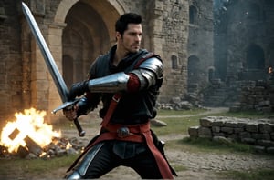 bdo_warrior, scene from movie, 1man, upper body, right side view, slashing greatsword in top-down direction, black and red energy, spark trail around the sword, short black hair, facial hair, red eyes, Trailblazer outfit, brown armor, belt over chest, metal gauntlet and leather glove, background of castle ruins, battlefield with fire and smoke, sophisticated details, sharp focus, masterpiece, perfect anatomy, perfect face, detailed face, handsome face, perfect hands, best quality, 8k