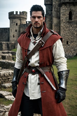 bdo_warrior, scene from movie, 1man, full body, front view, looking at viewer, short black hair, facial hair, red eyes, brown coat, white shirt, brown gloves, belt, sheathed dagger, necklace, bootss, background of castle ruins, sophisticated details, sharp focus