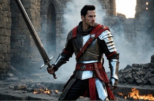 bdo_warrior, scene from movie, 1man, back view, holding greatsword, slashing greatsword, spark trail, short black hair, facial hair, red eyes, Trailblazer outfit, brown armor, belt over chest, metal gauntlet and leather glove, background of castle ruins, fire and smoke, sophisticated details, sharp focus, masterpiece, perfect anatomy, perfect face, detailed face, handsome face, perfect hands, best quality, 8k