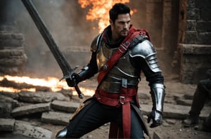 bdo_warrior, scene from movie, 1man, upper body, left side view, slashing sword, spark trail, black and red energy, black and red smoke, short black hair, facial hair, red eyes, Trailblazer outfit, brown armor, belt over chest, metal gauntlet and leather glove, background of ruins, sophisticated details, sharp focus, masterpiece, perfect anatomy, perfect face, detailed face, handsome face, perfect hands, best quality, 8k