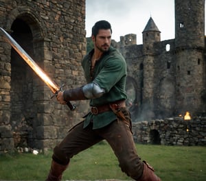 bdo_warrior, scene from movie, 1man, full body, right side view, holding sword engulfed with both hands, flaming sword, slashing with sword, attacking with sword, facial hair, red eyes, green shirt, brown pants, brown boots, background of castle ruins, sophisticated details, sharp focus, masterpiece, perfect anatomy, perfect face, detailed face, handsome face, perfect hands, best quality, 8k