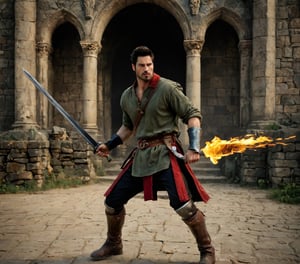 bdo_warrior, scene from movie, 1man, full body, left side view, holding sword with both hands, sword engulfed in flames, flaming sword, slashing with sword, attacking with sword, facial hair, red eyes, green shirt, brown pants, brown boots, background of castle ruins, sophisticated details, sharp focus, masterpiece, perfect anatomy, perfect face, detailed face, handsome face, perfect hands, best quality, 8k
