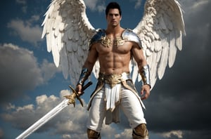 bdo_warrior, scene from movie, 1man, full body, right side view, holding greatsword, (holding big sword), white angel wings, shoulder armor and gauntlets, white pants, golden sandals, bare chest, background of heavenly clouds, sophisticated details, sharp focus, masterpiece, perfect anatomy, perfect face, detailed face, handsome face, perfect hands, realistic hands, correct hands, best quality, 8k, fantasy