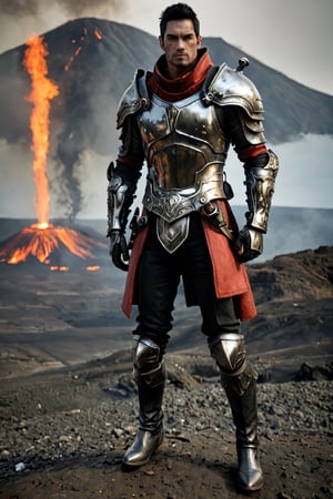 bdo_warrior, scene from movie, 1man, full body, front view, looking at viewer, short black hair, facial hair, red eyes, leather armor, leather gloves, leather boots, active volcano in background, sophisticated details, sharp focus, masterpiece, perfect anatomy, handsome face, best quality