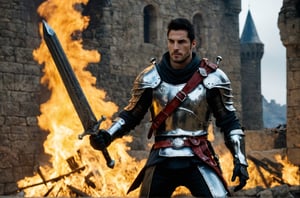 bdo_warrior, scene from movie, 1man, full body, left side view, defending with greatsword, short black hair, facial hair, red eyes, Trailblazer outfit, brown armor, belt over chest, metal gauntlet and leather glove, background of castle ruins, fire and smoke, sophisticated details, sharp focus, masterpiece, perfect anatomy, perfect face, detailed face, handsome face, perfect hands, best quality, 8k