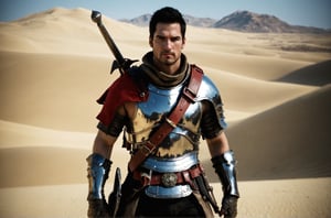 bdo_warrior, scene from movie, 1man, upper body, left side view, looking at viewer, short black hair, facial hair, red eyes, Trailblazer outfit, brown armor, belt over chest, metal gauntlet and leather glove, background of desert, sophisticated details, sharp focus, masterpiece, perfect anatomy, perfect face, detailed face, handsome face, perfect hands, best quality, 8k