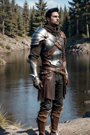 bdo_warrior, realistic image, 1man, full body, right side view, looking at viewer, short black hair, facial hair, leather armor, pauldrons, leather gloves, leather boots, next to a river, forest, masterpiece, perfect anatomy, perfect hands, perfect face, detailed face, handsome face, 8k, best quality, detailed image, photographic image