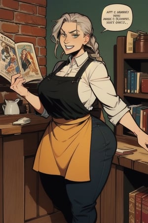 Vagnhild is an authoritative but jovial woman
in her 40s. She keeps her graying hair in bulky
braids and wears a thick leather apron. Vagnhild
used to be a mercenary and always carries a
warhammer on her belt.,comic book,(best quality,incase