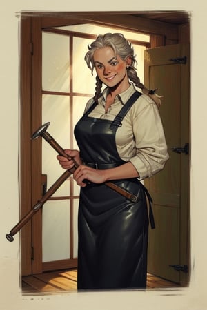 Vagnhild is an authoritative but jovial woman
in her 40s. She keeps her graying hair in bulky
braids and wears a thick leather apron. Vagnhild
used to be a mercenary and always carries a
warhammer on her belt. Jamie Lee Curtis face,n