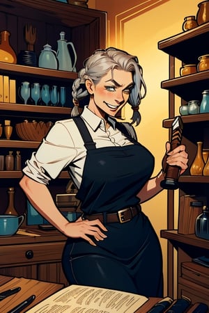 Vagnhild is an authoritative but jovial woman
in her 40s. She keeps her graying hair in bulky
braids and wears a thick leather apron. Vagnhild
used to be a mercenary and always carries a
warhammer on her belt.,comic book,(best quality,incase,highres