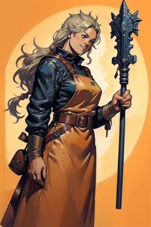 Vagnhild is an authoritative but jovial woman
in her 40s. She keeps her graying hair in bulky
braids and wears a thick leather apron. Vagnhild
used to be a mercenary and always carries a
warhammer on her belt. Jamie Lee Curtis face,