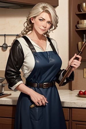Vagnhild is an authoritative but jovial woman
in her 40s. She keeps her graying hair in bulky
braids and wears a thick leather apron. Vagnhild
used to be a mercenary and always carries a
warhammer on her belt. Jamie Lee Curtis face,nipples