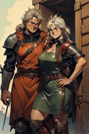 Vagnhild is an authoritative but jovial woman
in her 40s. She keeps her graying hair in bulky
braids and wears a thick leather apron. Vagnhild
used to be a mercenary and always carries a
warhammer on her belt. Jamie Lee Curtis face,