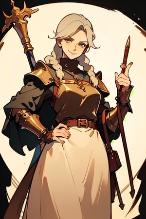 Vagnhild is an authoritative but jovial woman
in her 40s. She keeps her graying hair in bulky
braids and wears a thick leather apron. Vagnhild
used to be a mercenary and always carries a
warhammer on her belt. Jamie Lee Curtis face,ink