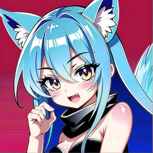 ((masterpiece, best quality)), highres, high contrast, depth of field, intense glow, simple background, 1girl, fox girl, long hair, light blue hair, cute_fang, cute, detailed eyes, sparkle in eyes, crimsom red eyes, detailed iris, black strapless kimono, black kimono, Red scarf, grin, stylized, open mouth, fang, holding a twitch logo with his hand, soft