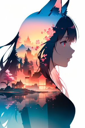 silhouette of a fox girl whit long hair in profile. long fox ears, red crimsom eyes, Soft colors. Inside the silhouette you can see the double exposure with a sakura flower, masterpiece, ((double exposure)), proportional.,DOUBLE EXPOSURE