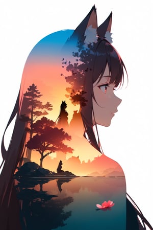 silhouette of a fox girl whit long hair in profile. long fox ears, red crimsom eyes, Soft colors. Inside the silhouette you can see the double exposure with a sakura flower and a littel fox, masterpiece, ((double exposure)), proportional.,DOUBLE EXPOSURE, warm colors