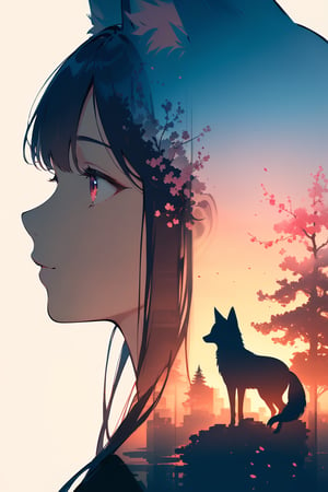 silhouette of a fox girl whit long hair in profile. long fox ears, red crimsom eyes, Soft colors. Inside the silhouette you can see the double exposure with a sakura flower and a littel fox, masterpiece, ((double exposure)), proportional.,DOUBLE EXPOSURE