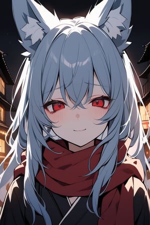 1girl, fox girl, fox ears, solo, upper body, half furry, Portrail, looking to the camera, detailed eyes, slow and tired breathing,
tired eyes, sad eyes, Lost look, big black circles under eyes, crimsom red eyes, long hair, light blue hair, black inner hair,
Red scarf, Black strapless kimono, little smile, little mouth, depression,  Japanese night city with slightly illuminated buildings background, low lighting, little shine
masterpiece, best quality,