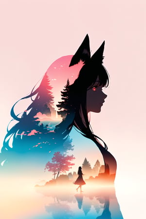 silhouette of a fox girl whit long hair in profile. fox ears, red crimsom eyes, Soft colors. Inside the silhouette you can see the double exposure with a sakura flower, masterpiece, ((double exposure)), proportional.,DOUBLE EXPOSURE