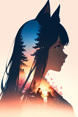 silhouette of a fox girl whit long hair in profile. fox ears Inside the silhouette you can see the double exposure with a sakura flower, masterpiece, ((double exposure)), proportional.,DOUBLE EXPOSURE