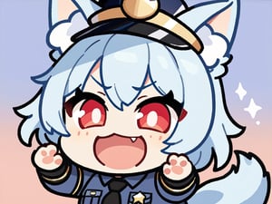 masterpiece, made by a master, 4k, perfect anatomy, perfect details, best quality, high quality, lots of detail.
1 girl, fox girl, Fox tail, kumiho, long light blue hair, crimsom red eyes, police_uniform, police equipmen, police hat.
looking at camera, smiling, fang, happy, slightly angry, chibi, Emote Chibi.
simple background,