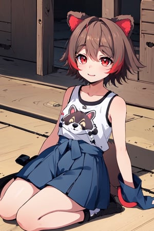 masterpice, best quality, UHD, many details, quality details, made by a master, good outline, 1 girl, athletic body, female_solo, single, full_body, looking_at_viewer, short_hair, brown_hair, red_eyes, animal_ears, animal tail, raccon tail,  japanese style sitting, ,sangonomiya kokomi (sparkling coralbone),Rakkun