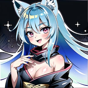 ((masterpiece, best quality)), highres, high contrast, depth of field, intense glow, simple background, 1girl, fox girl, long hair, light blue hair, cute_fang, cute, detailed eyes, sparkle in eyes, crimsom red eyes, detailed iris, black strapless kimono, black kimono, Red scarf, grin, stylized, open mouth, fang, holding a youtube logo with his hand, soft