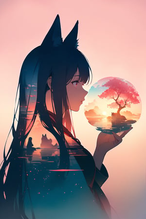 silhouette of a fox girl whit long hair in profile. long fox ears, red crimsom eyes, Soft colors. Inside the silhouette you can see the double exposure with a sakura flower, masterpiece, ((double exposure)), proportional.,DOUBLE EXPOSURE