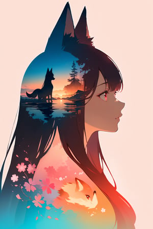 silhouette of a fox girl whit long hair in profile. long fox ears, red crimsom eyes, Soft colors. Inside the silhouette you can see the double exposure with a sakura flower and a littel fox, masterpiece, ((double exposure)), proportional.,DOUBLE EXPOSURE, warm colors