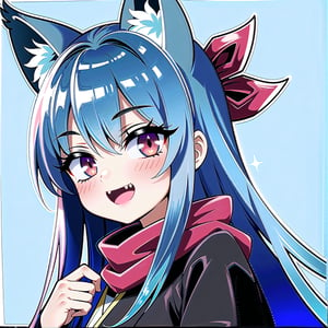 ((masterpiece, best quality)), highres, high contrast, depth of field, intense glow, simple background, 1girl, fox girl, long hair, light blue hair, cute_fang, cute, detailed eyes, sparkle in eyes, crimsom red eyes, detailed iris, black strapless kimono, black kimono, Red scarf, grin, stylized, open mouth, fang, holding a twitch logo, soft