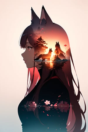 silhouette of a fox girl whit long hair in profile. fox ears, red crimsom eyes, Inside the silhouette you can see the double exposure with a sakura flower, masterpiece, ((double exposure)), proportional.,DOUBLE EXPOSURE